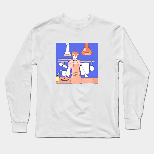 orange cat cooking 04 Long Sleeve T-Shirt by Kopandavil